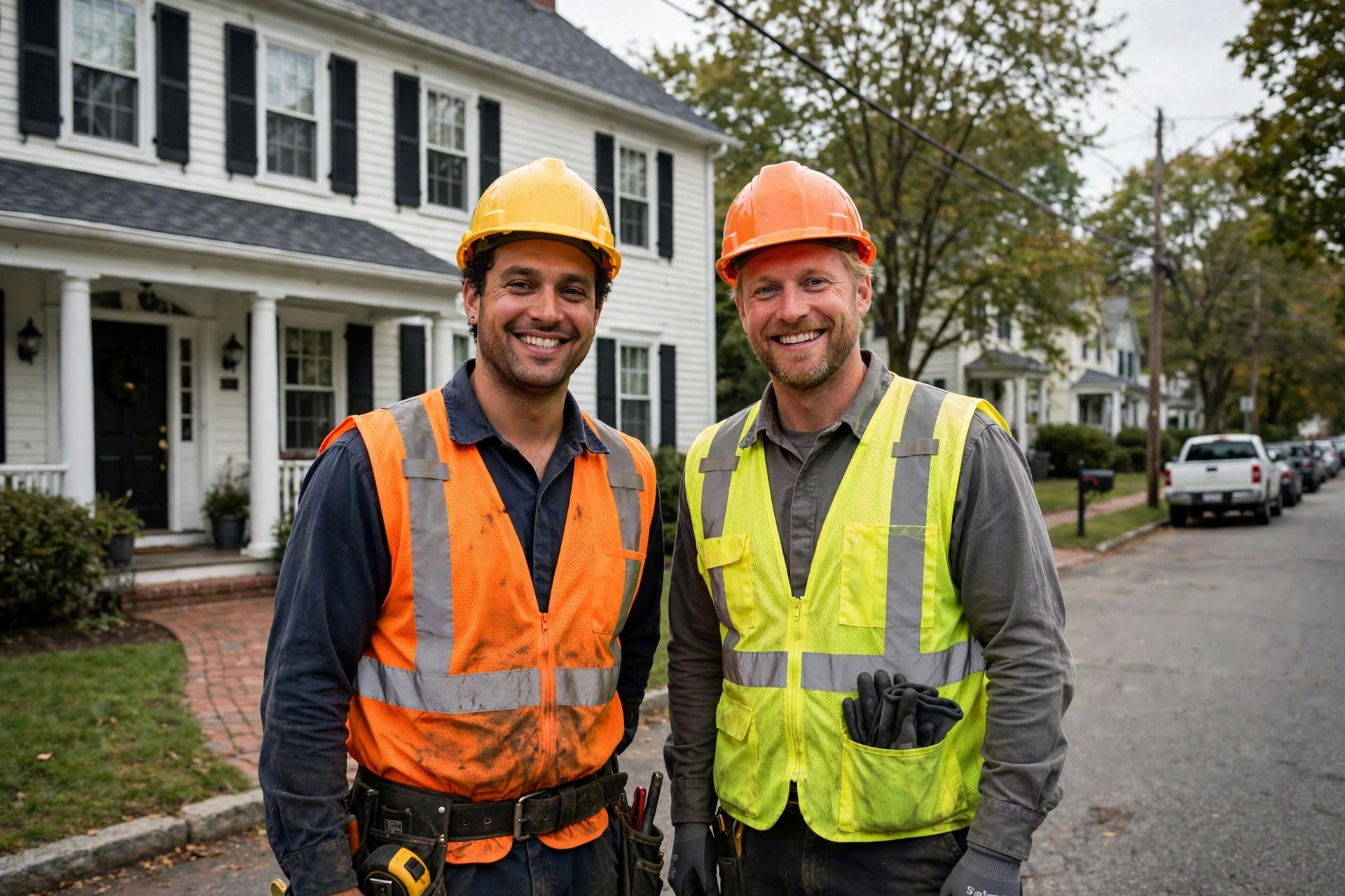 Two friendly roofing crew members in hard hats smiling in front of a Kearny colonial home with a new roof