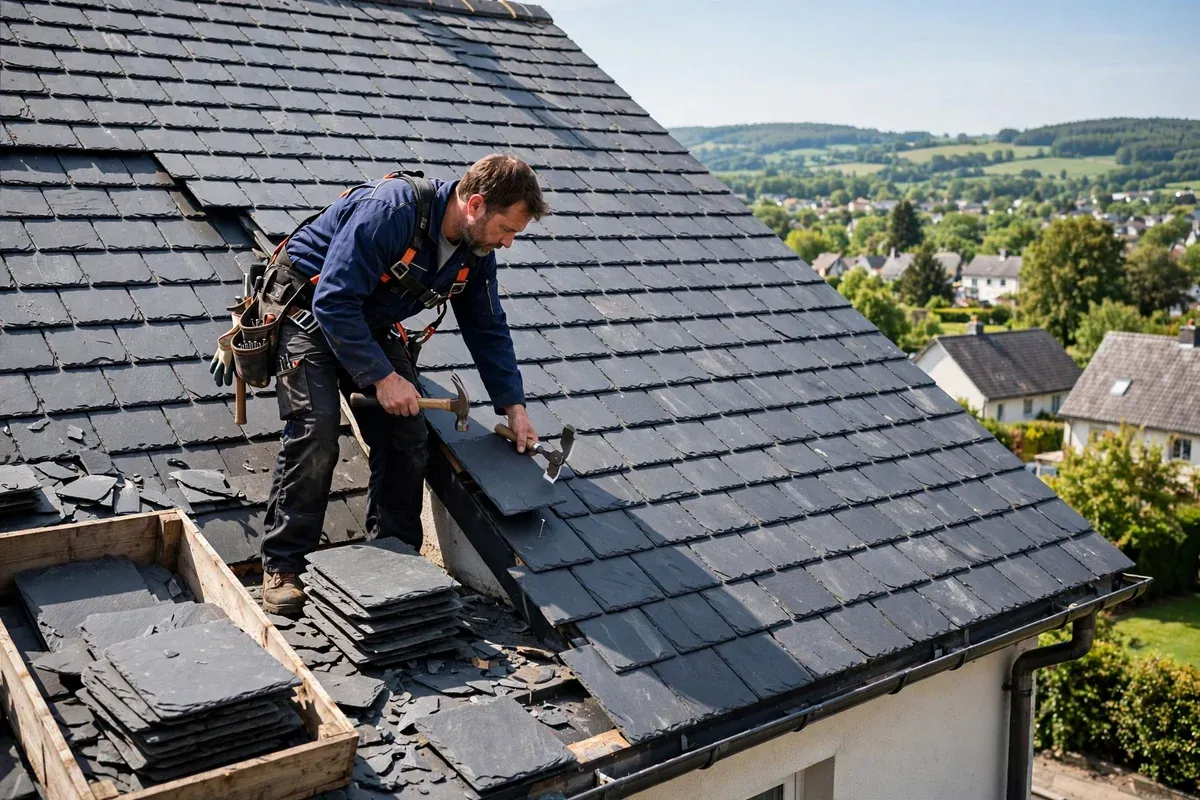 Roofer laying natural slate tiles on a steep residential roof.