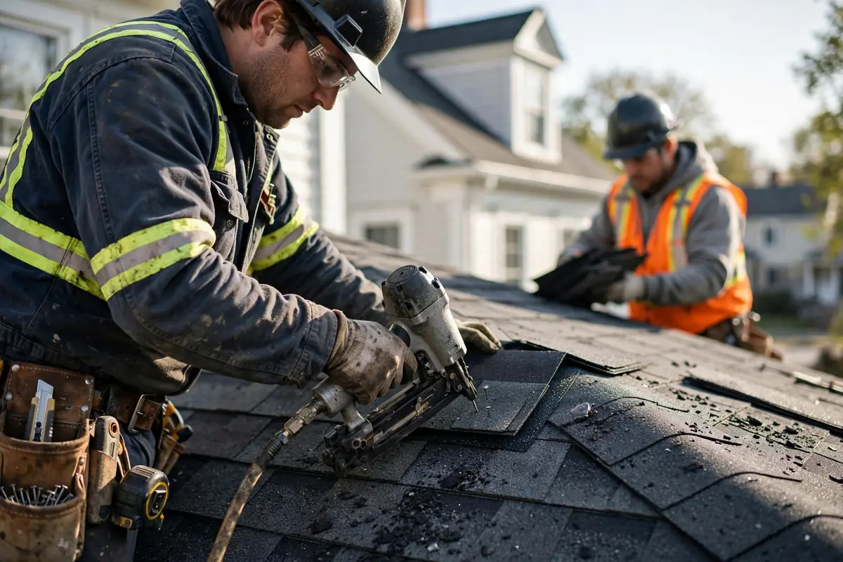 Asphalt Shingle Roof Replacement in Kearny, NJ — roofers at work on a New Jersey home