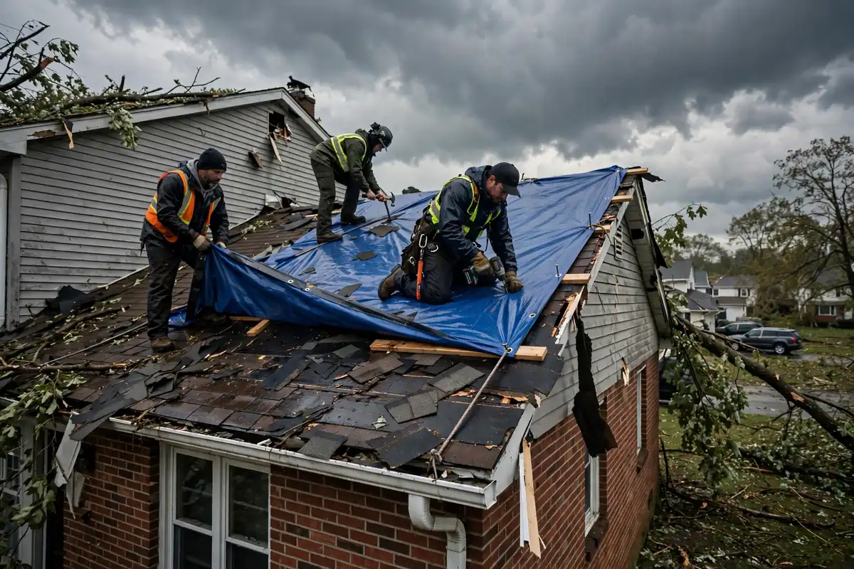 Reemplazo de techo de emergencia en Kearny, NJ — tejadores en el trabajo en una casa de Nueva Jersey
