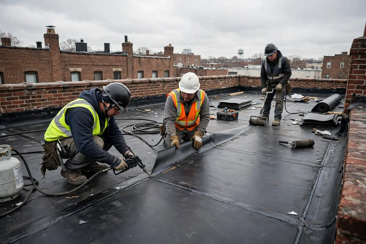 Reemplazo de techo plano (TPO & EPDM) en Kearny, NJ — techos en el trabajo en una casa de Nueva Jersey