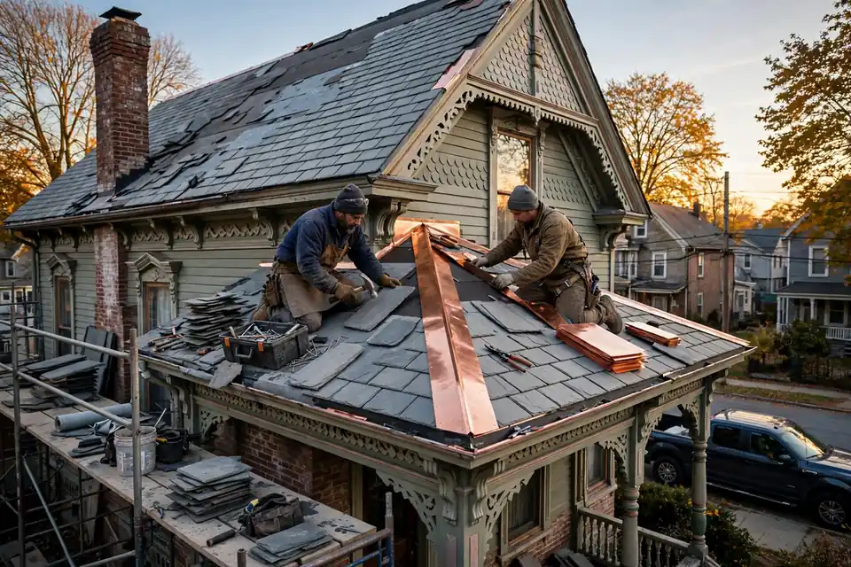 Slate Roof Replacement in Kearny, NJ — roofers at work on a New Jersey home